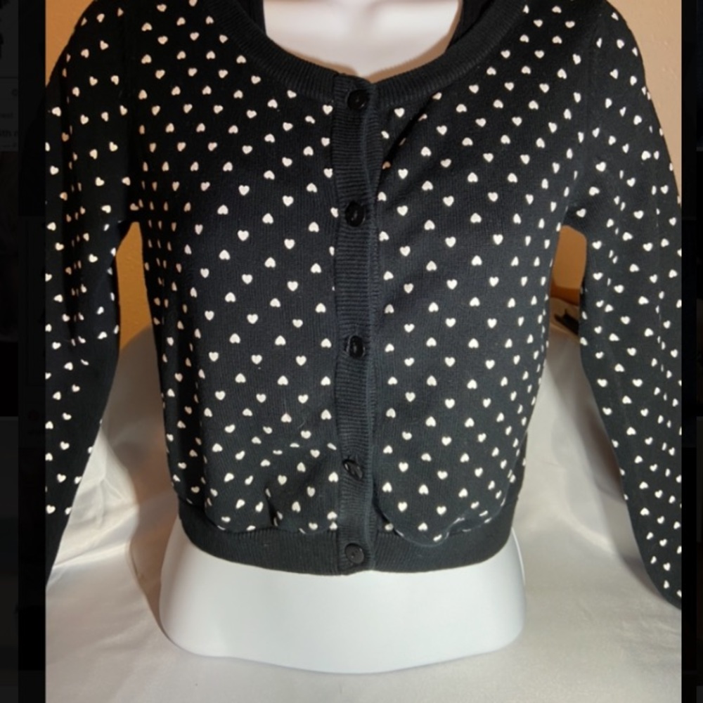 Girls 10/12 Youth, black cardigan/sweater covered in little white hearts